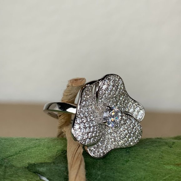 NEW Size 5 Real Silver (not plated) & Pave CZ Flower Ring - Picture 6 of 11